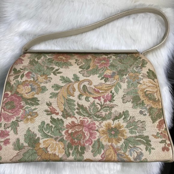 Vintage 50s L & M Cream Floral Tapestry Handbag - Picture 1 of 11